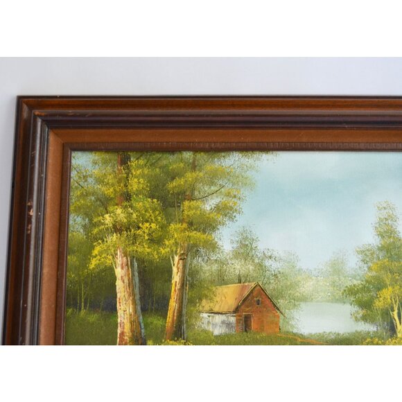 Vintage Handpainted Rustic Woodsy Cabin House Road Trail Lake Oil Painting Signe - Picture 3 of 8